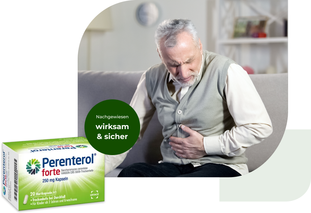 Eine Perenterol forte Verpackung, mit einem Mann mit Magenbeschwerden im Hintergrund. Anbei steht der Hinweis, dass Perenterol nachgewiesen wirksam und sicher ist