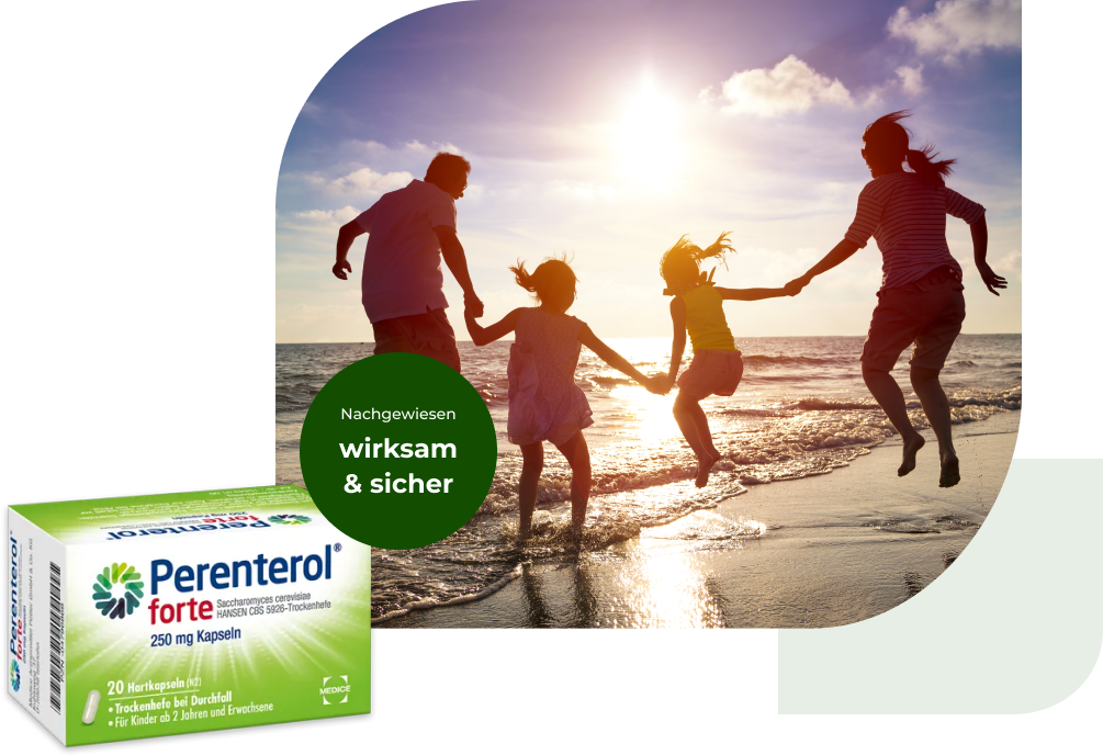 Eine Perenterol forte Verpackung, mit einer spielenden Familie am Strand im Hintergrund. Anbei steht der Hinweis, dass Perenterol nachgewiesen wirksam und sicher ist