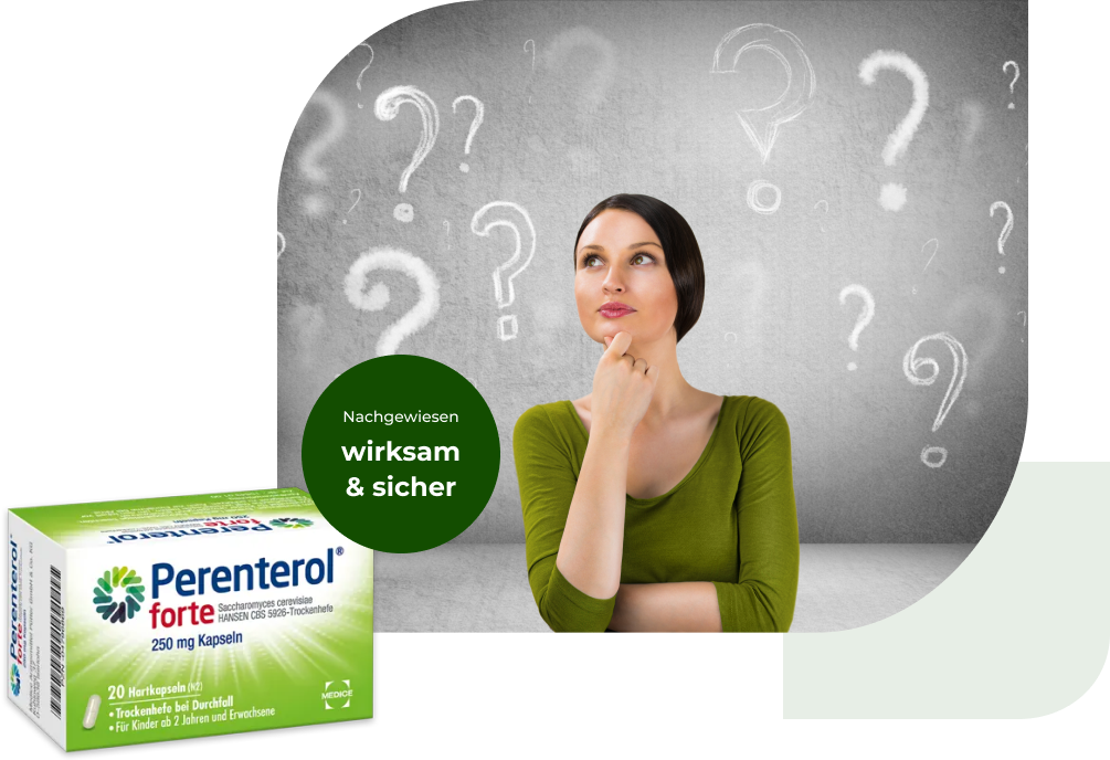 Eine Perenterol forte Verpackung, mit einer Frau, die sich eine Frage stellt im Hintergrund. Anbei steht der Hinweis, dass Perenterol nachgewiesen wirksam und sicher ist