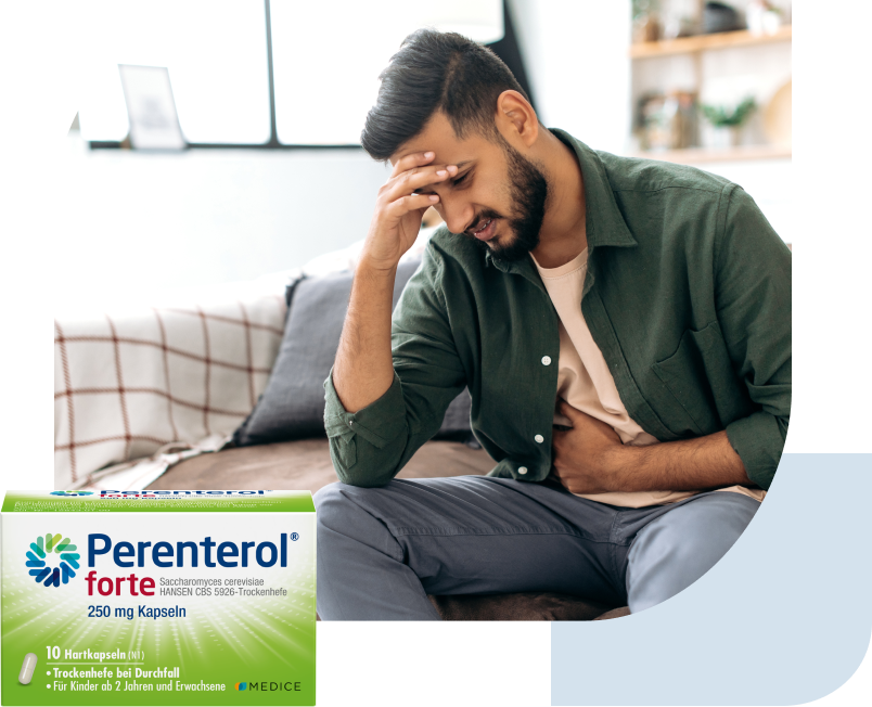 Mann mit Schmerzen, der sich an den Magen und Kopf packt.