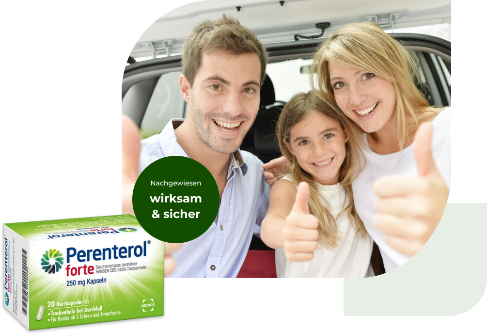 Eine Perenterol forte Verpackung, mit einer lächelnden Familie, die einen Daume hoch zeigt im Hintergrund. Anbei steht der Hinweis, dass Perenterol nachgewiesen wirksam und sicher ist