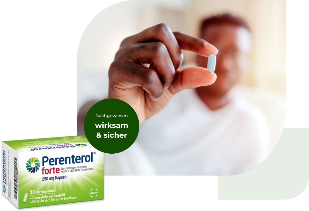 Eine Perenterol forte Verpackung, mit einem Mann, der eine Tablette hält im Hintergrund. Anbei steht der Hinweis, dass Perenterol nachgewiesen wirksam und sicher ist