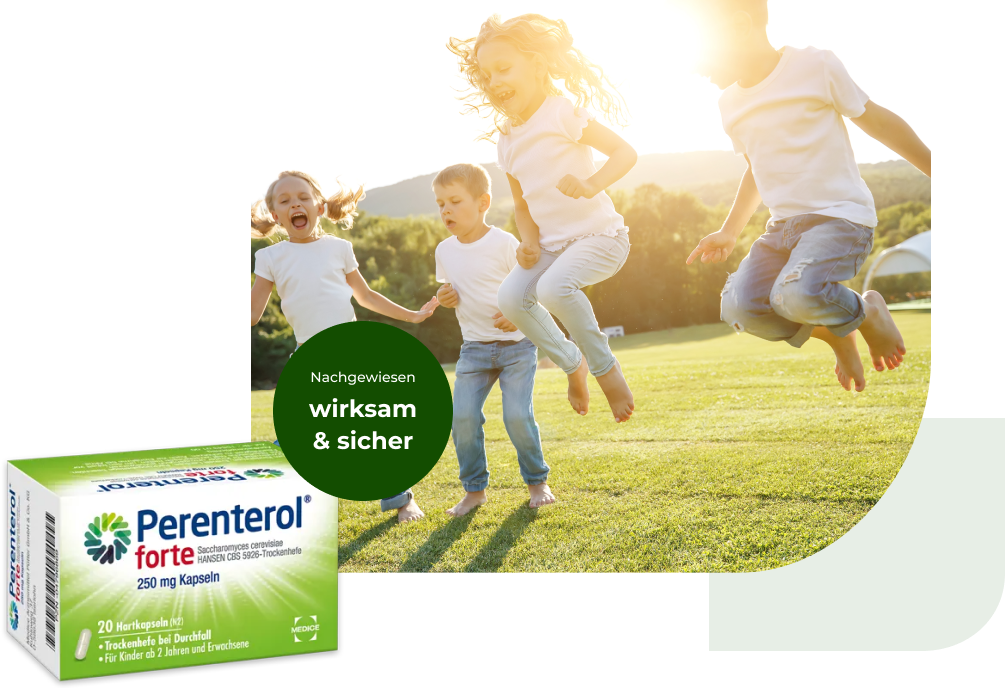 Eine Perenterol forte Verpackung, mit ein paar spielenden Kinder auf einer Wiese im Hintergrund. Anbei steht der Hinweis, dass Perenterol nachgewiesen wirksam und sicher ist