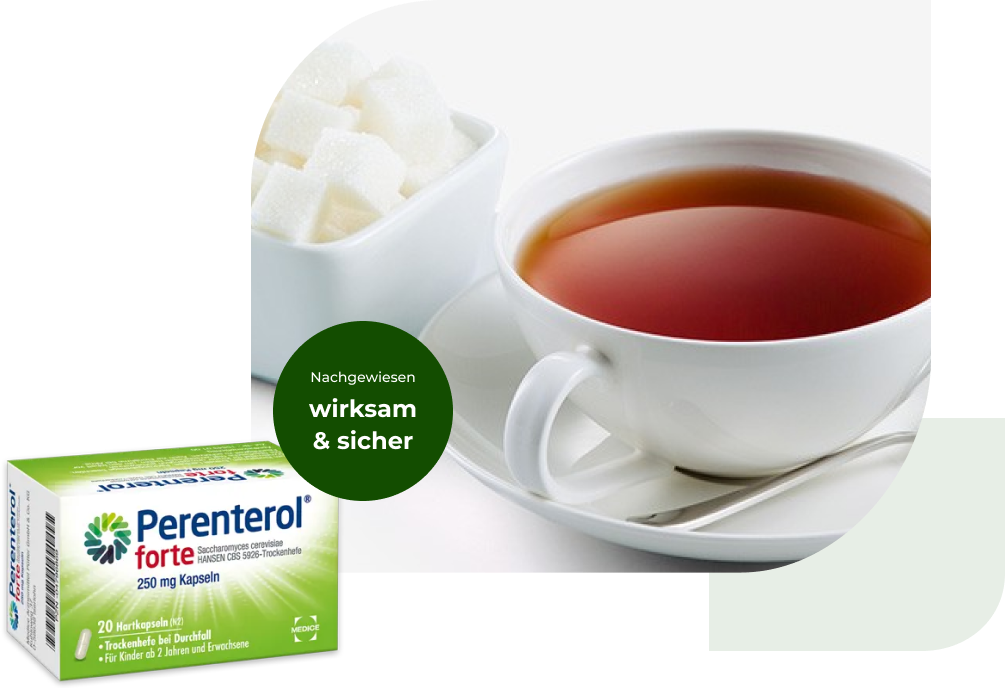 Eine Perenterol forte Verpackung, mit einer Tasse Tee im Hintergrund. Anbei steht der Hinweis, dass Perenterol nachgewiesen wirksam und sicher ist