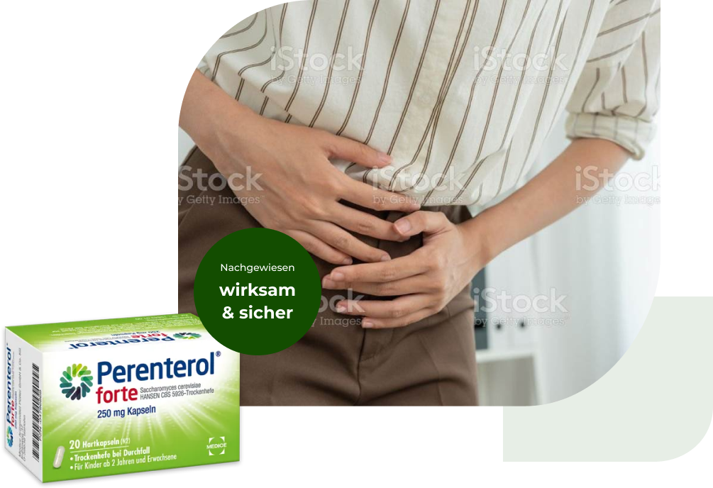 Eine Perenterol forte Verpackung, mit einer Person, die Magenbeschwerden hat im Hintergrund. Anbei steht der Hinweis, dass Perenterol nachgewiesen wirksam und sicher ist