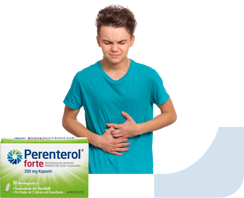 Eine Perenterol forte Verpackung, mit einem kleinen Jungen, der Magenbeschwerden hat im Hintergrund