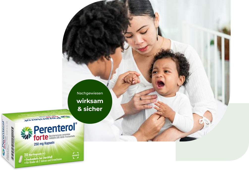 Eine Perenterol forte Verpackung, mit einem schreienden Baby, welches untersucht wird im Hintergrund. Anbei steht der Hinweis, dass Perenterol nachgewiesen wirksam und sicher ist