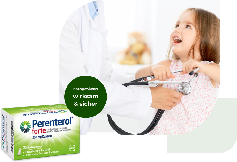 Eine Perenterol forte Verpackung, mit einem Kind mit Magenbeschwerden, welches untersucht wird im Hintergrund. Anbei steht der Hinweis, dass Perenterol nachgewiesen wirksam und sicher ist