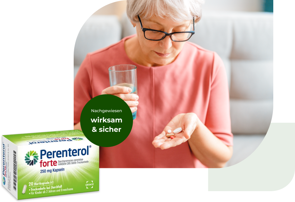 Eine Perenterol forte Verpackung, mit einer Frau, die Tabletten einnimmt im Hintergrund. Anbei steht der Hinweis, dass Perenterol nachgewiesen wirksam und sicher ist