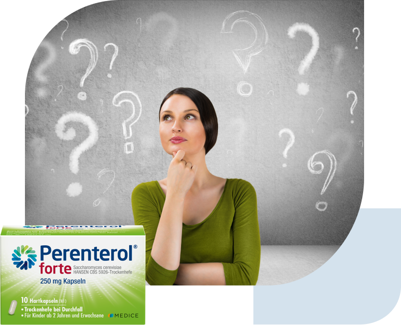 Eine Perenterol forte Verpackung, mit einer Frau, die sich eine Frage stellt im Hintergrund