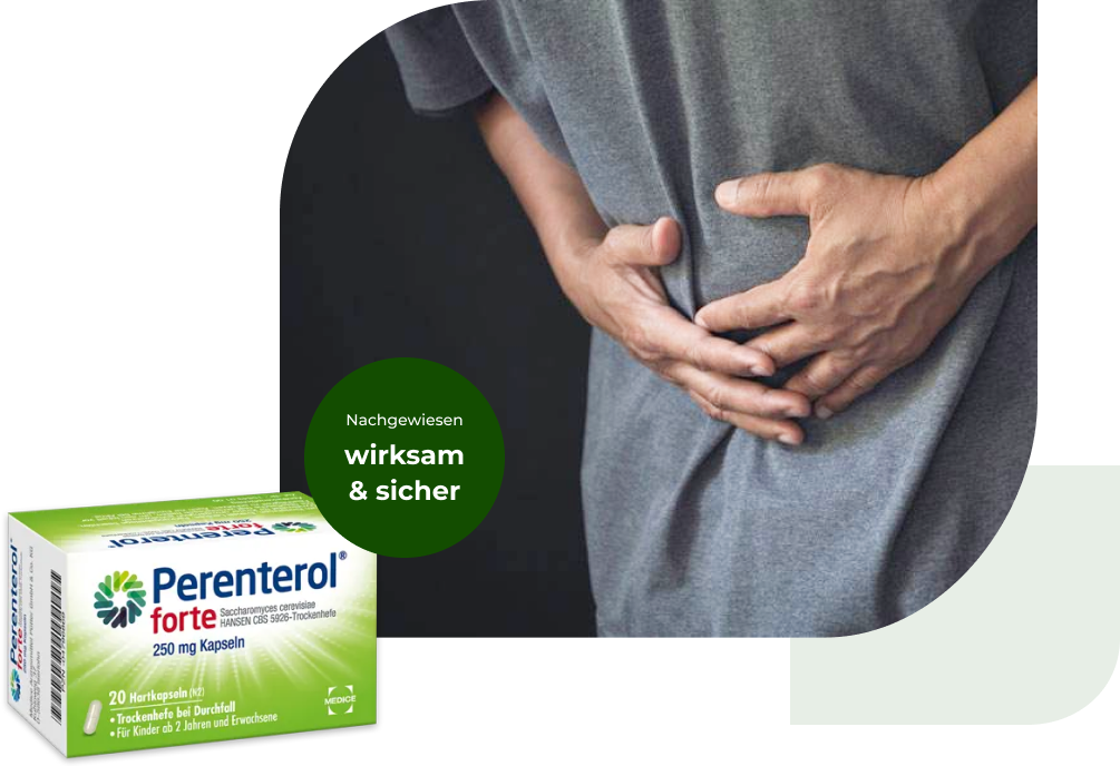 Eine Perenterol forte Verpackung, mit einer Person, die Magenbeschwerden hat im Hintergrund. Anbei steht der Hinweis, dass Perenterol nachgewiesen wirksam und sicher ist