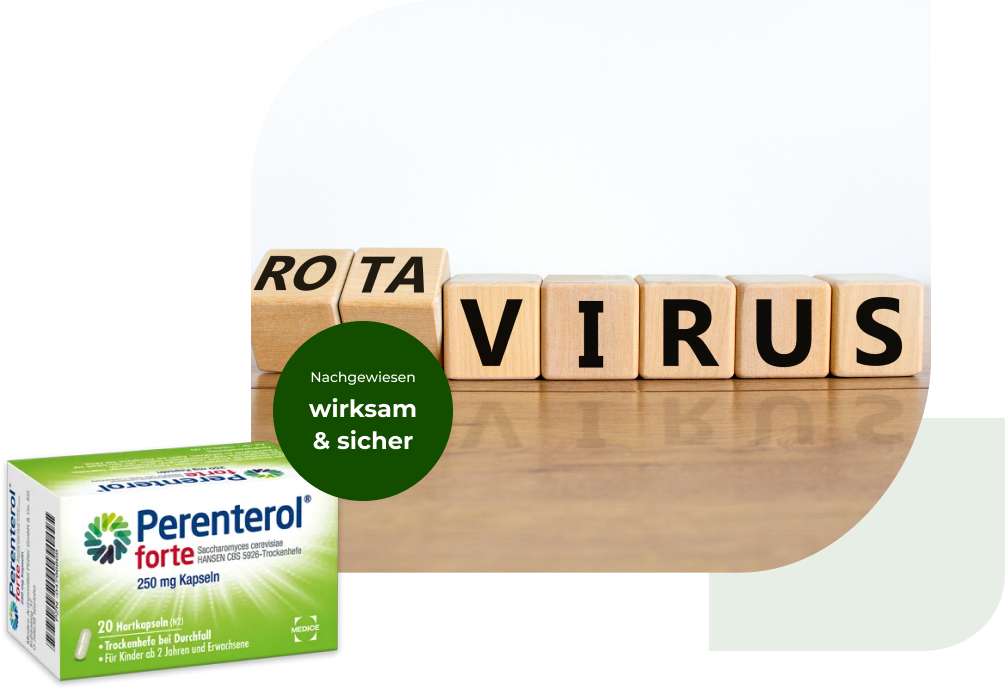 Eine Perenterol forte Verpackung, mit einem Rotavirus Schriftzug im Hintergrund. Anbei steht der Hinweis, dass Perenterol nachgewiesen wirksam und sicher ist