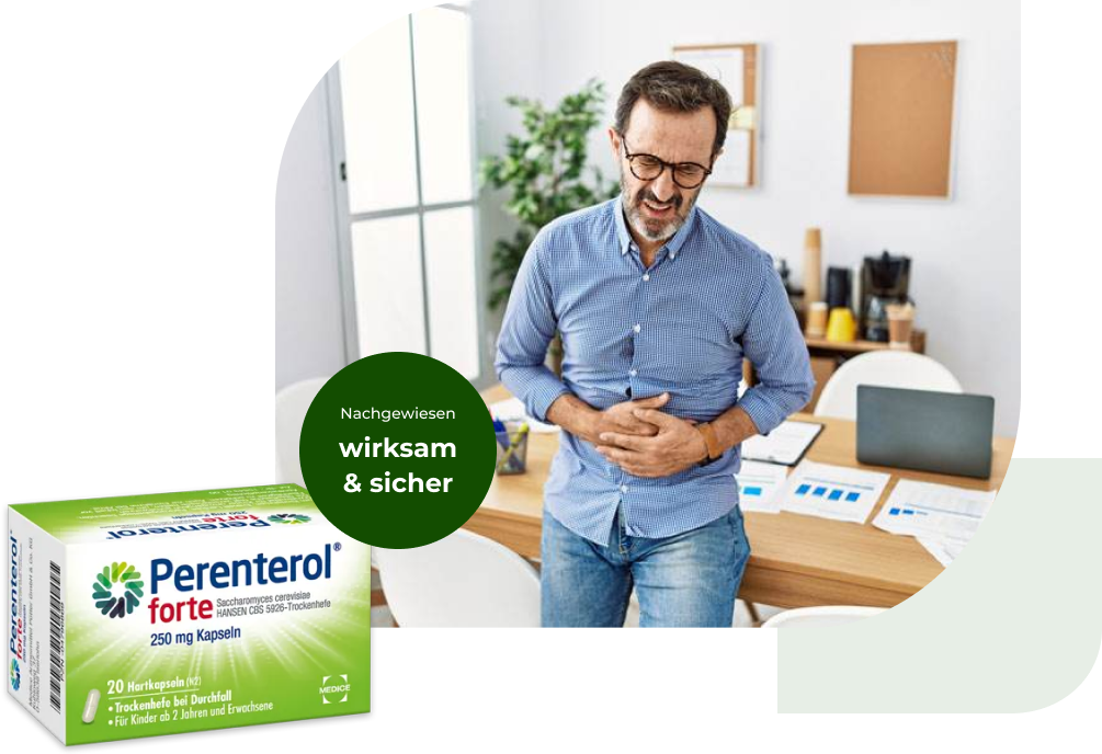 Eine Perenterol forte Verpackung, mit einer Person, die Magenbeschwerden hat im Hintergrund. Anbei steht der Hinweis, dass Perenterol nachgewiesen wirksam und sicher ist